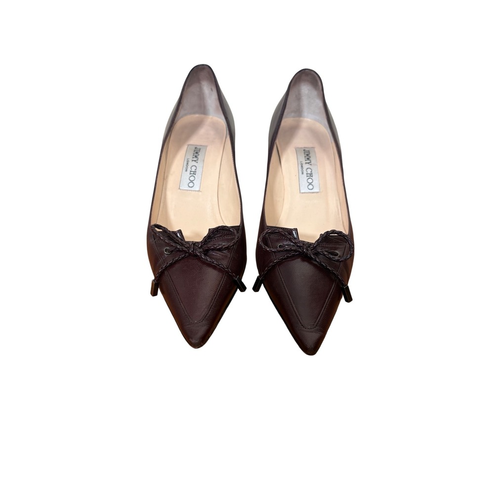 Jimmy Choo Burgundy Leather Pointed Toe Braided Bow Kitten Heel Pumps Size 36